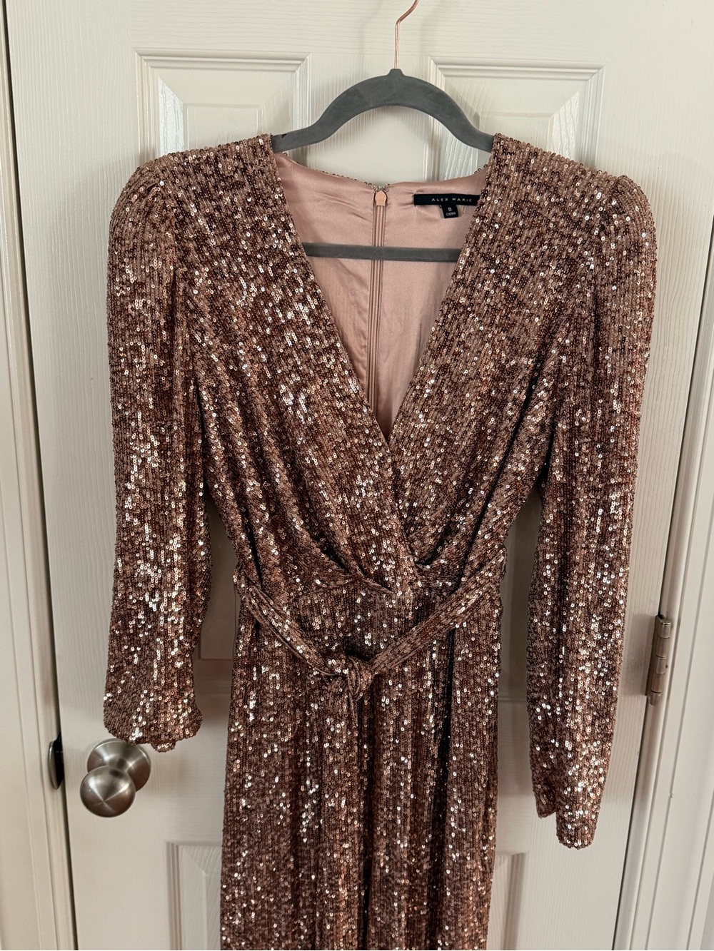 Alex Marie Rose Gold Sequin Jumpsuit Size 8 Belted Wide Leg Formal - Picture 5 of 16